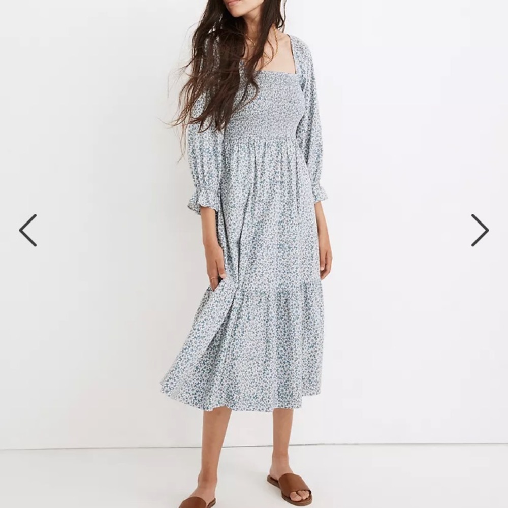 Lucie Elbow-Sleeve Smocked Midi Dress in Sunflower Field Size M